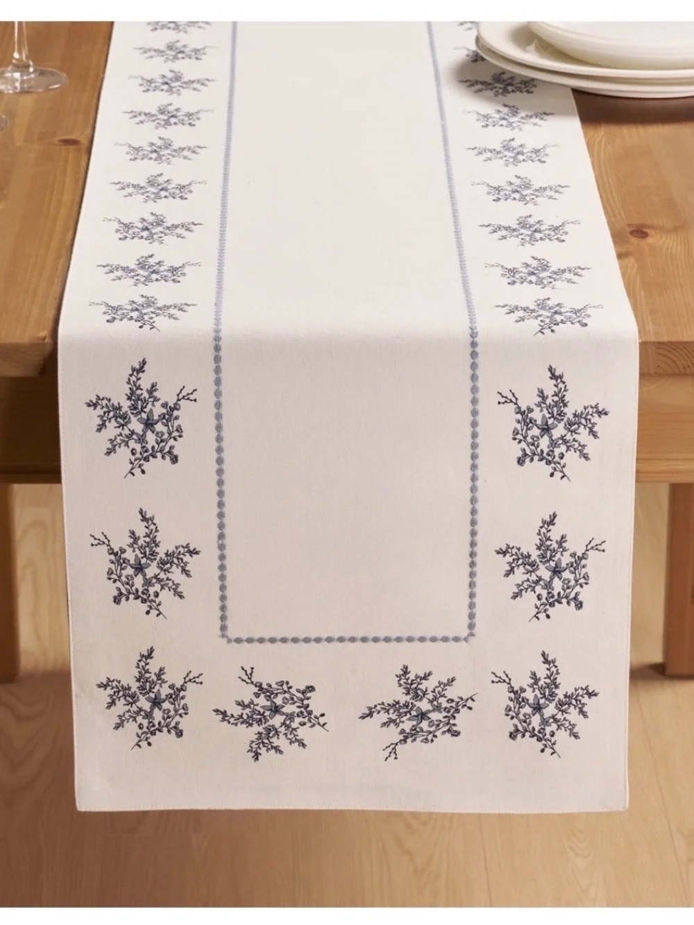 Classic Cream Table Runner with Blue Floral Border